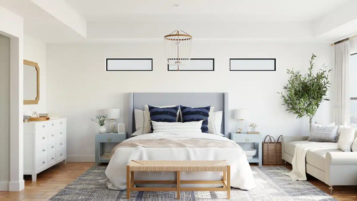 a bedroom with a large bed in a room
