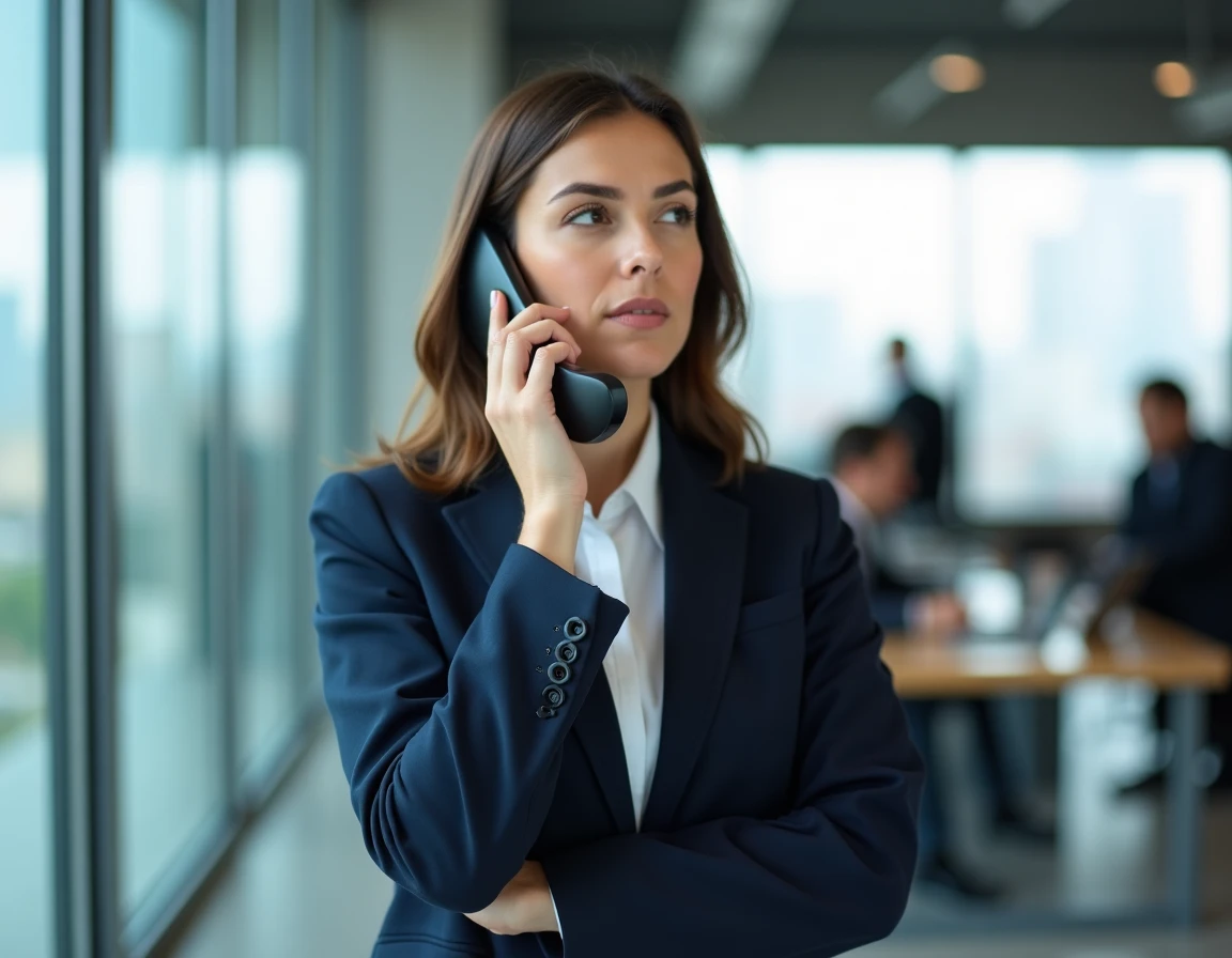 Femme accédant à sa messagerie Free depuis un bureau professionnel avec un téléphone sans fil