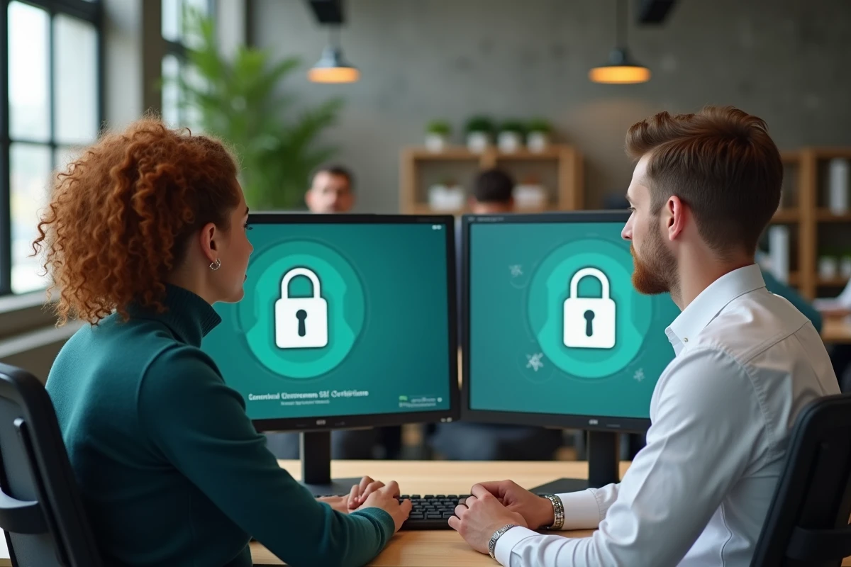 Deux professionnels accédant de manière sécurisée au site officiel Wikio.com avec certificat SSL sur des écrans double moniteur