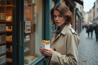 Femme tenant une cartouche de cigarettes devant une boutique belge lors d'un week-end shopping transfrontalier