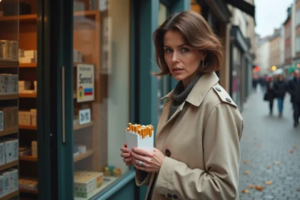 Femme tenant une cartouche de cigarettes devant une boutique belge lors d'un week-end shopping transfrontalier