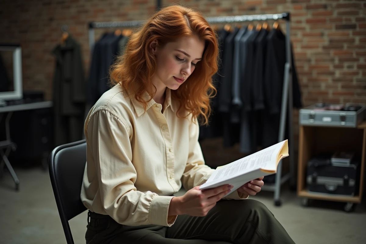 Actrice aux cheveux auburn consultant son script dans les coulisses d'un tournage, illustrant la préparation du rôle de Florence Pugh dans Black Widow