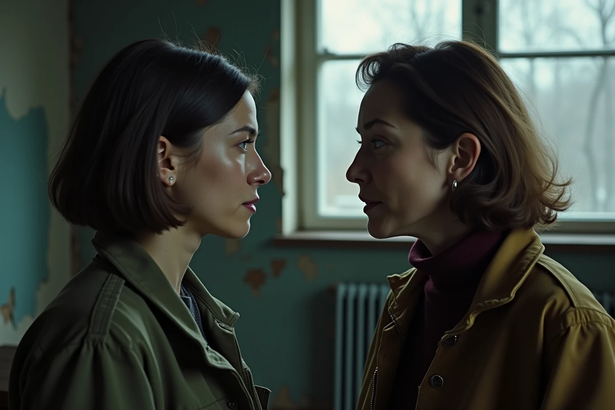 Deux actrices de Black Widow face à face dans un appartement abandonné, représentant la dynamique entre Yelena Belova et Natasha Romanoff