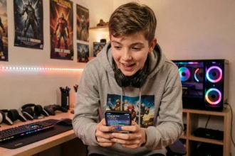 Adolescent concentré tenant un smartphone affichant un interface de jeu mobile Brawl Stars avec un champ de saisie de code dans une chambre gaming