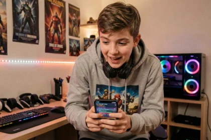 Adolescent concentré tenant un smartphone affichant un interface de jeu mobile Brawl Stars avec un champ de saisie de code dans une chambre gaming