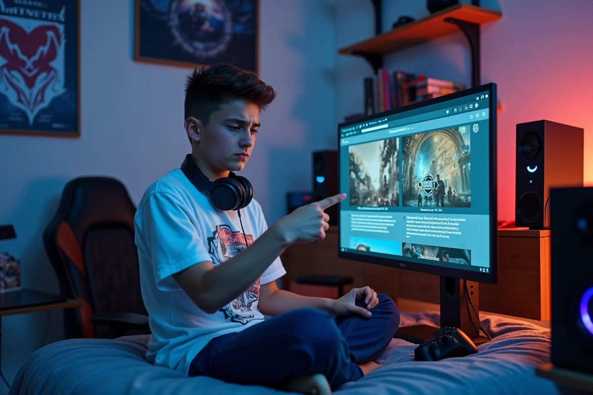 Adolescent comparant des sources d'information fiables et des fake news sur la date de sortie de GTA 6 dans sa chambre de gamer