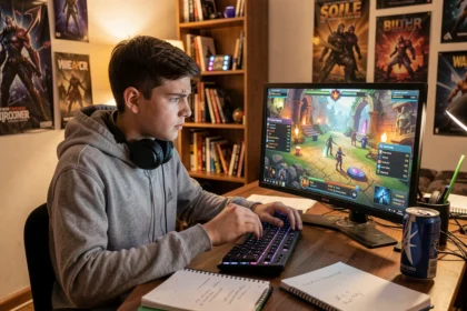 Adolescent frustré devant son écran d'ordinateur jouant à un MMORPG, illustrant les erreurs de progression en jeu