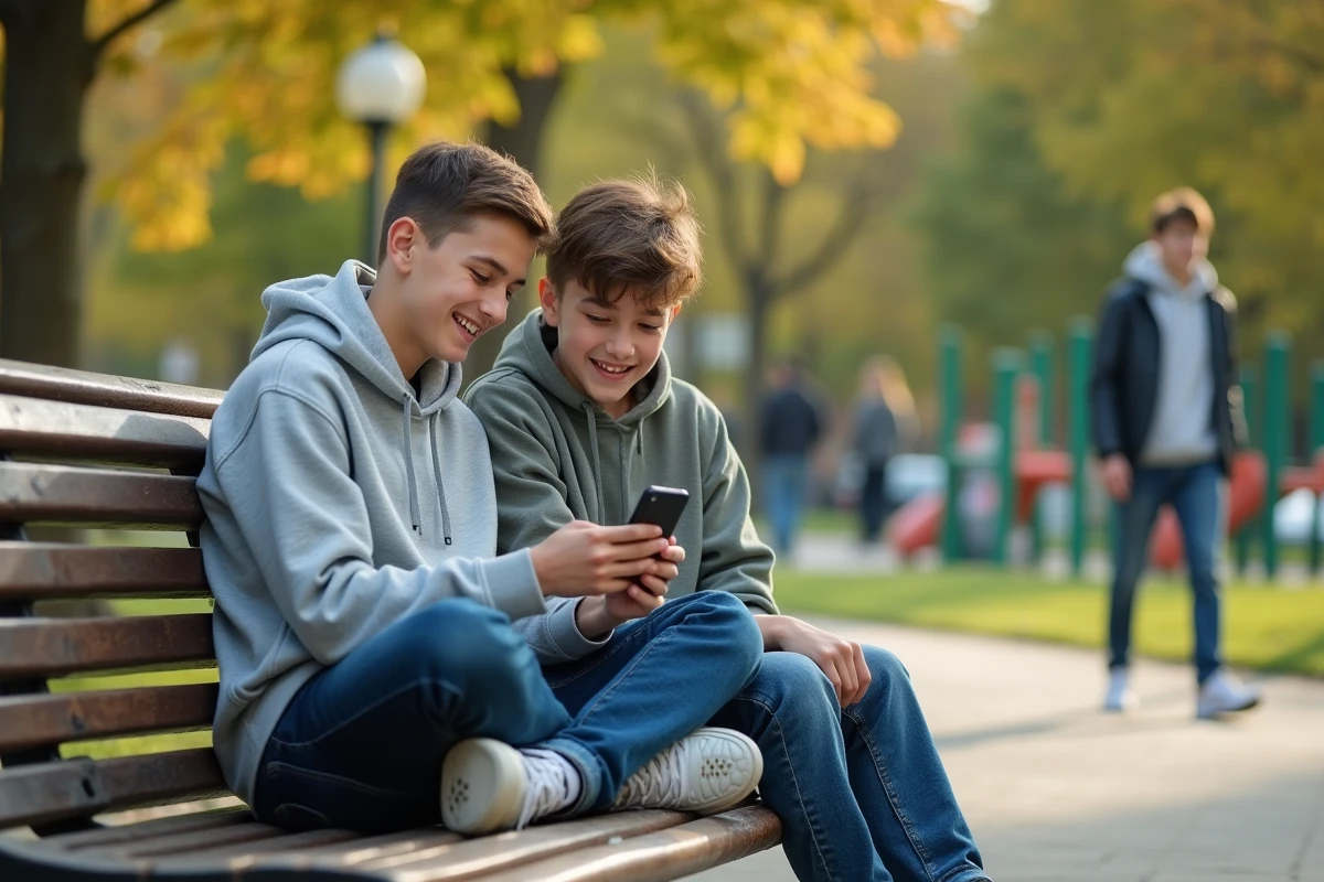 Adolescent montrant son smartphone à un ami dans un parc