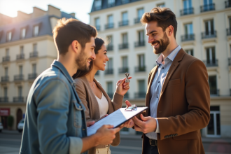 Agent immobilier remettant les clés à un jeune couple devant un immeuble parisien