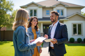 Agent immobilier souriant remettant un document de valuation devant une maison