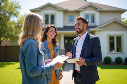 Agent immobilier souriant remettant un document de valuation devant une maison