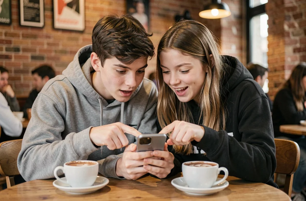 Deux adolescents amis découvrant ensemble un code caché pour Brawl Stars sur un smartphone dans un café urbain tendance