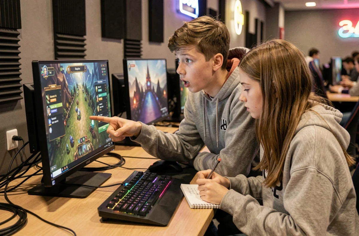 Deux adolescents dans un café gaming analysant leurs erreurs d'expérience sur un jeu de rôle en ligne multijoueur