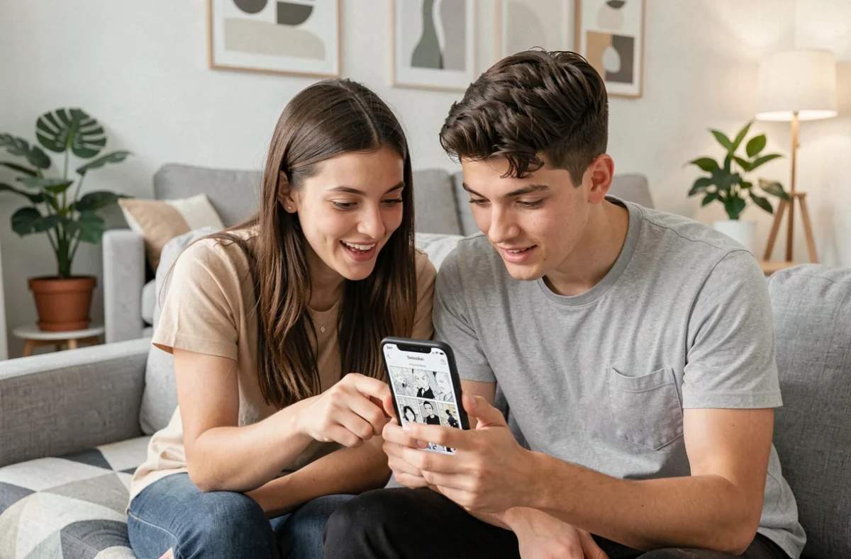 Deux amis partageant la découverte d'une plateforme de lecture de manga yaoi et BL sur smartphone dans un appartement moderne