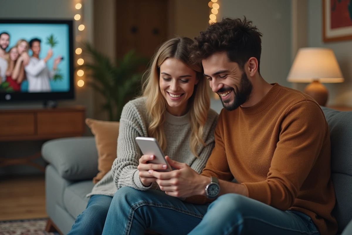 Deux amis personnalisant ensemble une cybercarte animée avec leurs photos sur un smartphone dans un salon
