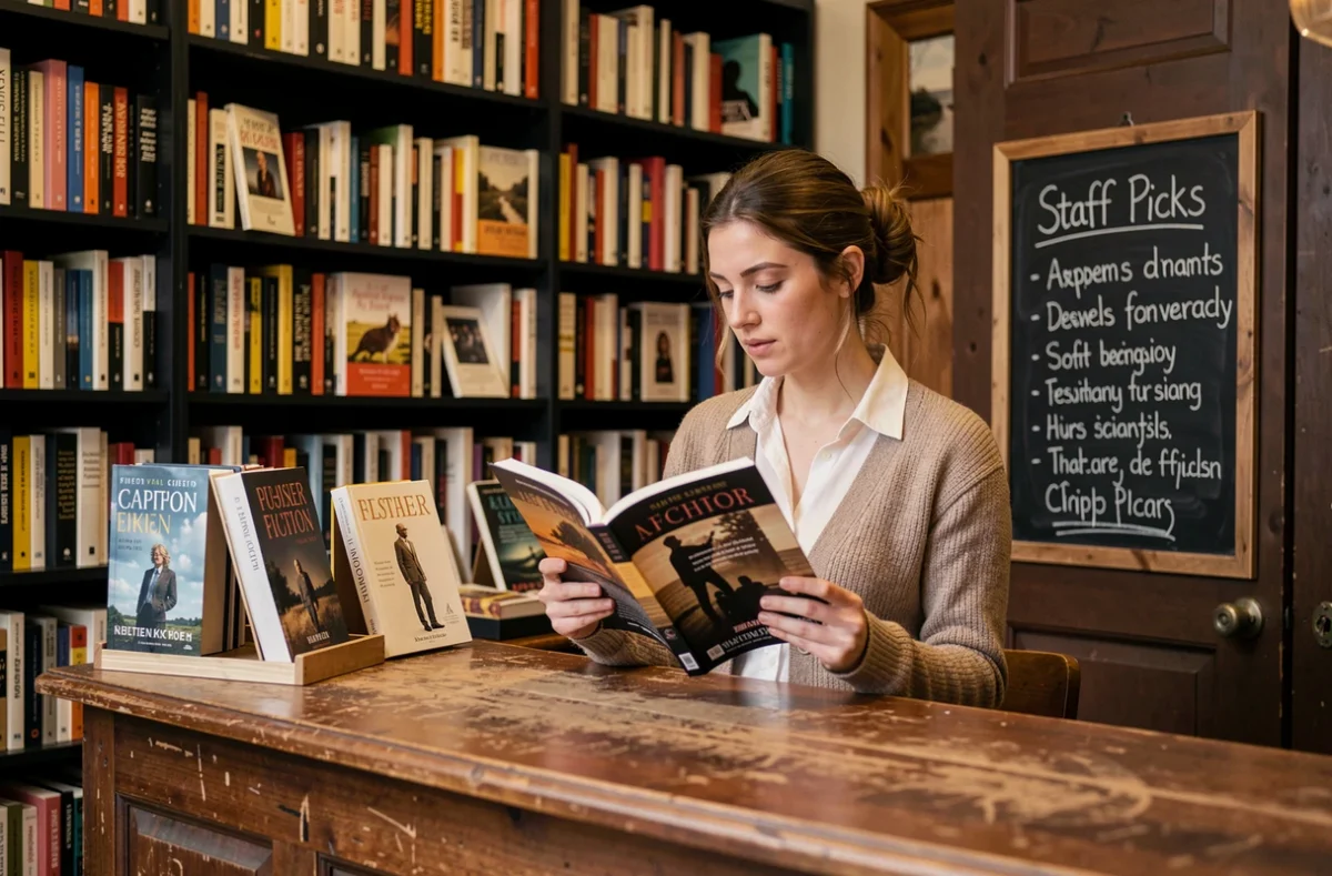 Libraire consultant un catalogue derrière le comptoir de la librairie L'a.nagramme des jours à Sèvres