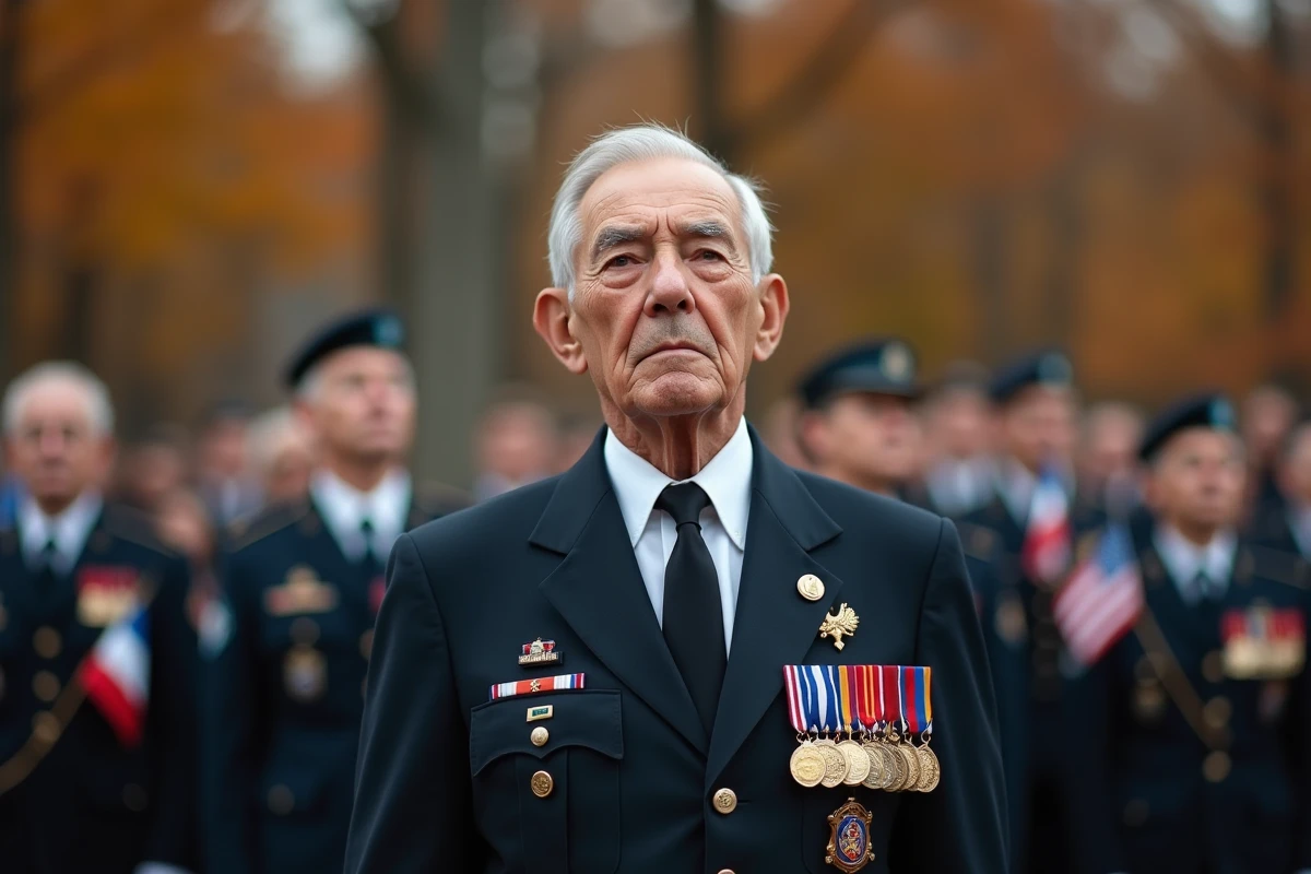 Ancien combattant en costume avec médailles militaires lors d'une cérémonie d'hommage en plein air