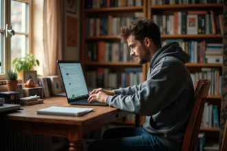 Jeune homme nostalgique parcourant un forum en ligne sur son ordinateur portable dans un appartement cosy