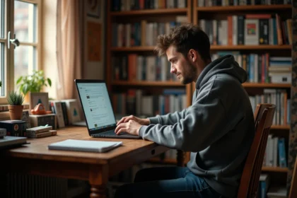 Jeune homme nostalgique parcourant un forum en ligne sur son ordinateur portable dans un appartement cosy