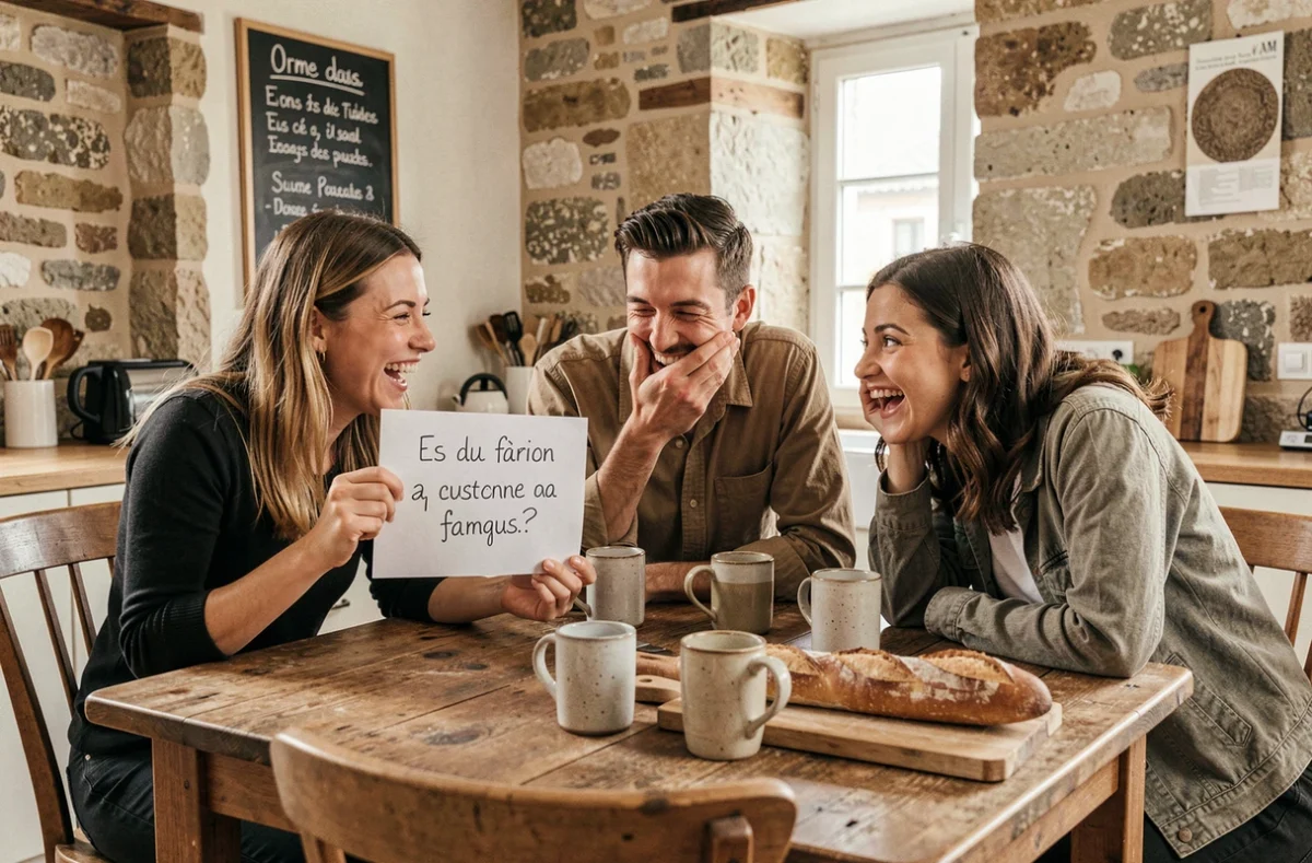 Un groupe d'amis qui rient en apprenant des expressions françaises drôles autour d'une table dans un appartement parisien