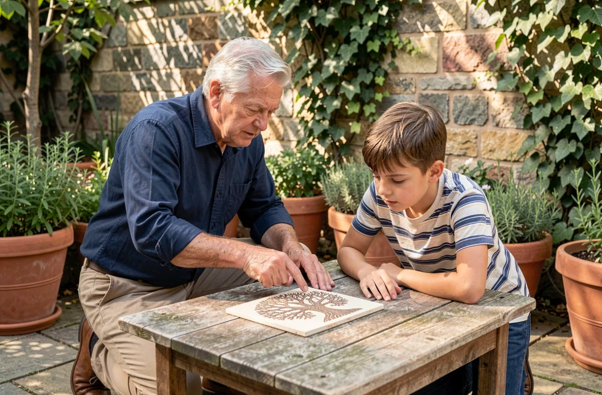 Grand-père montrant un symbole d'arbre de vie gravé sur une pièce décorative à son petit-fils attentif dans un jardin en pierre