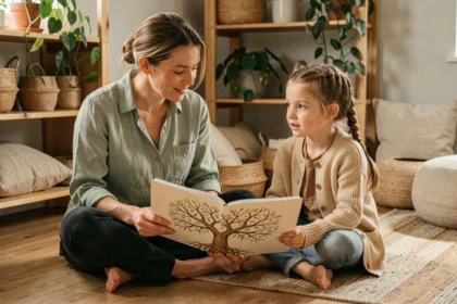 Femme expliquant la signification de l'arbre de vie à une petite fille curieuse, assises ensemble avec un livre illustré ouvert sur leurs genoux dans un salon chaleureux