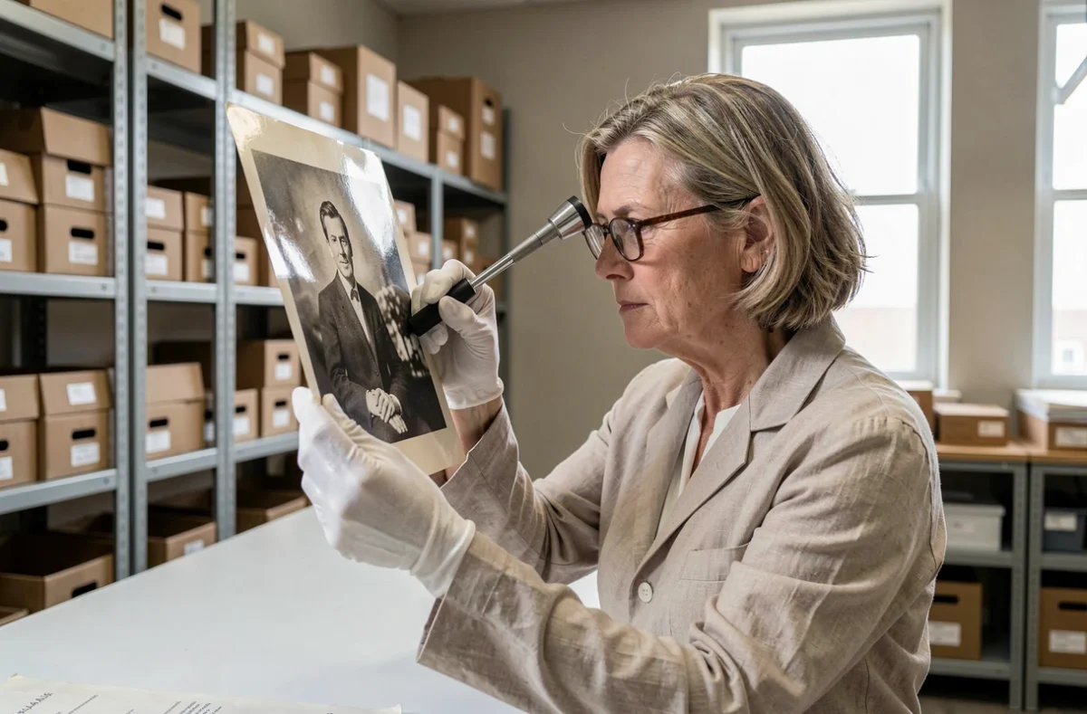 Archiviste experte examinant un tirage photographique vintage avec une loupe dans une salle de conservation d'archives