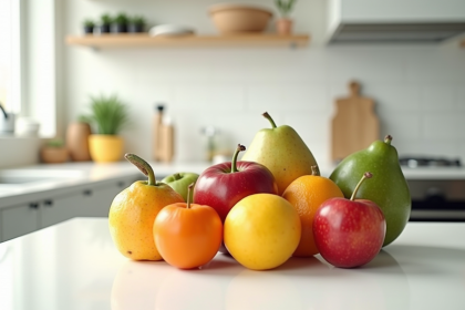 Vaste assortiment de fruits en forme de V sur un plan de travail lumineux