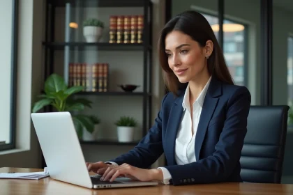 Femme avocate concentrée sur son ordinateur dans un bureau moderne