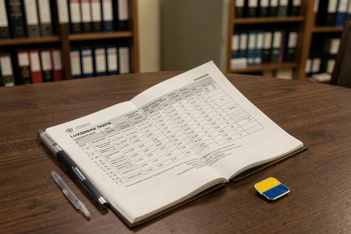 Barème officiel des prix camel au Luxembourg 2026, document tarifaire réglementaire ouvert sur une table
