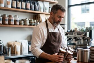 Barista examinant des boîtes de chocolat chaud haut de gamme