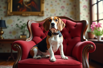 Beagle assis sur un fauteuil en velours rouge dans un salon lumineux