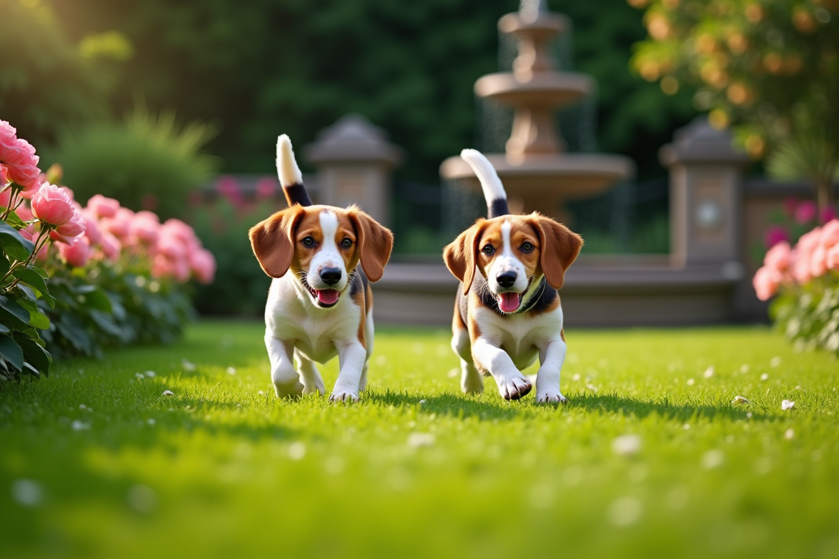 Deux beagles courant dans un jardin anglais ensoleille