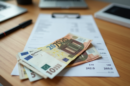 Gros plan sur des billets euro et une fiche de paie sur un bureau lumineux
