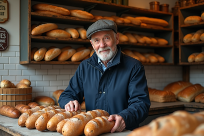 Homme âgé français arrangeant des baguettes dans une boulangerie