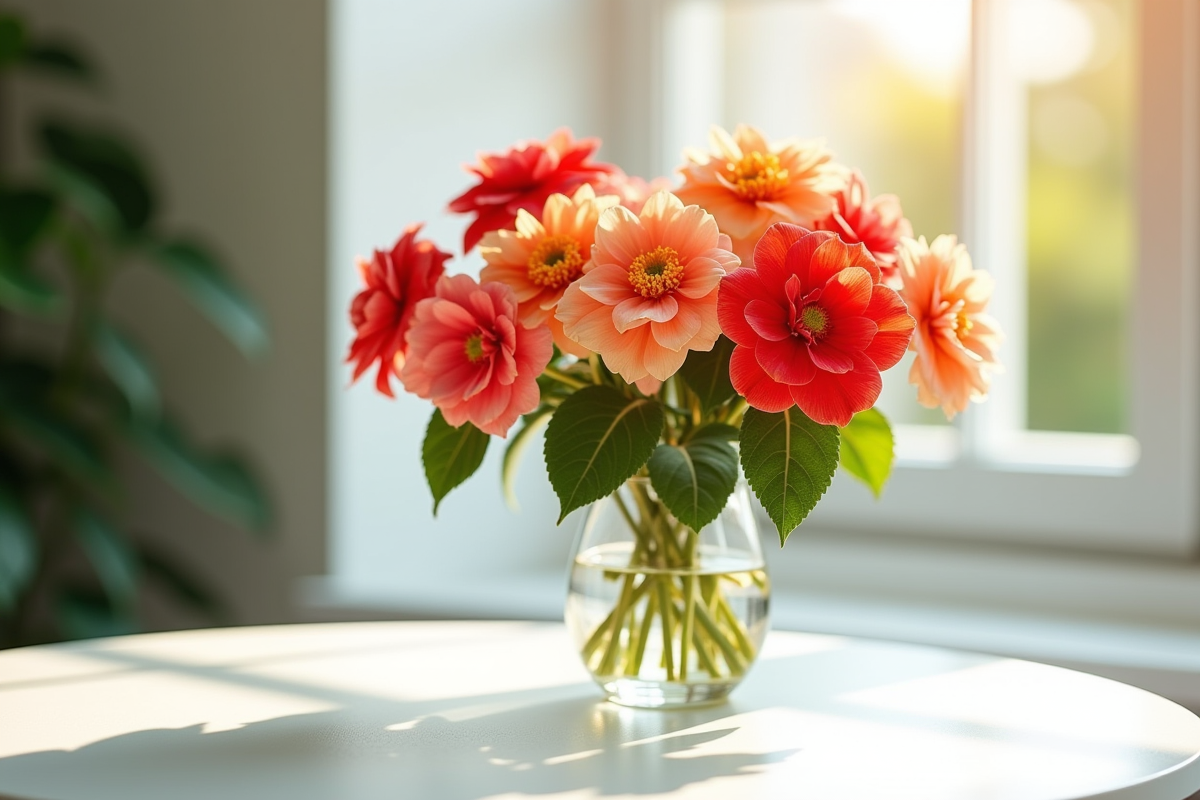 Bouquet de begonia en vase sur table lumineuse