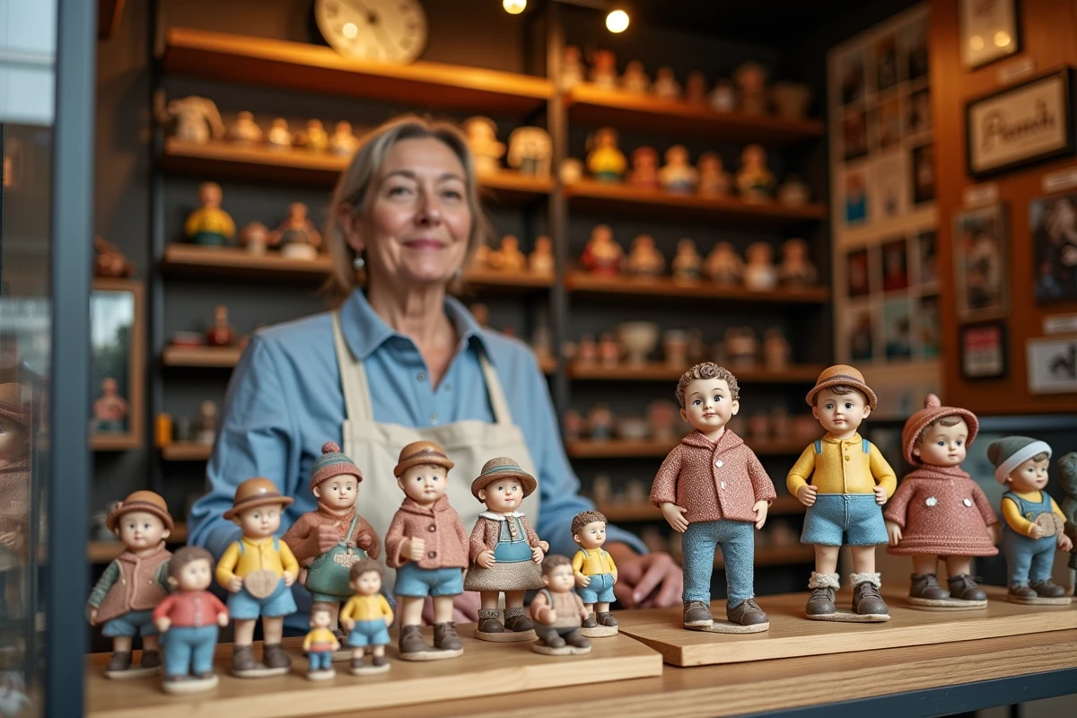 Boutique de souvenirs bruxelloise présentant des répliques miniatures du Manneken-Pis en différentes tailles et costumes, avec une vendeuse en arrière-plan