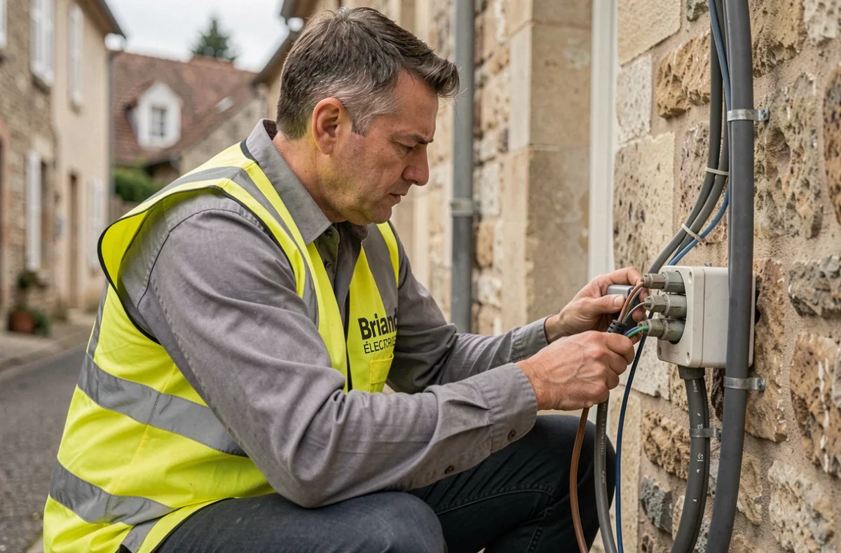 Électricien Briand Électricité travaillant sur une installation extérieure d'une maison normande