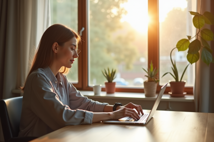 Personne au bureau lumineux utilisant un ordinateur portable