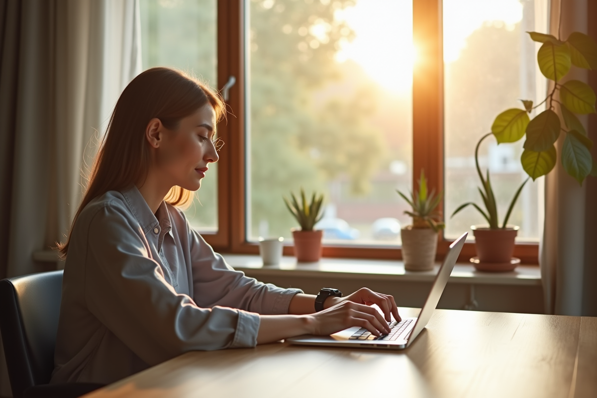 Personne au bureau lumineux utilisant un ordinateur portable