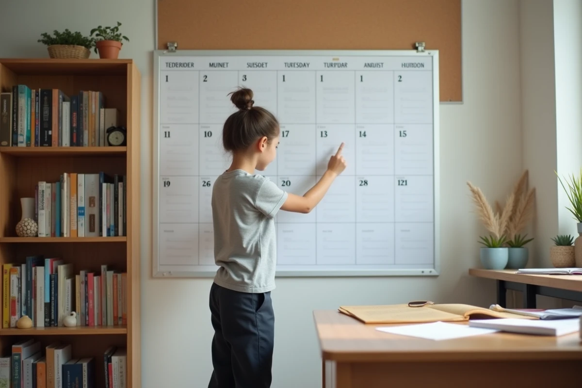 Jeune fille pointant un calendrier annuel mural pour compter le nombre de semaines dans une année