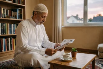Homme musulman consultant le calendrier Ramadan 2026 avec les horaires de prière à Les Mureaux