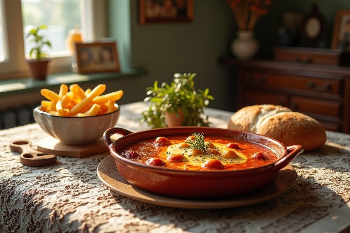 Carbonade flamande servie avec frites et pain rustique