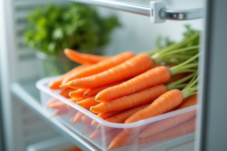 Carottes lavées stockées dans un conteneur dans un réfrigérateur lumineux