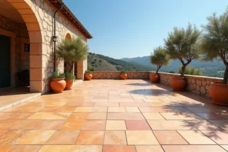 Terrasse extérieure méditerranéenne avec carrelage en grès cérame grand format aux tons beige et terracotta