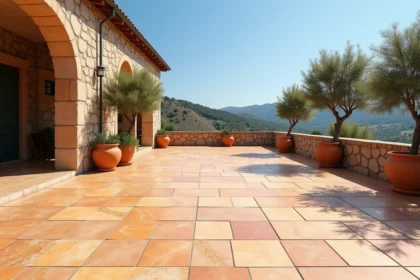 Terrasse extérieure méditerranéenne avec carrelage en grès cérame grand format aux tons beige et terracotta
