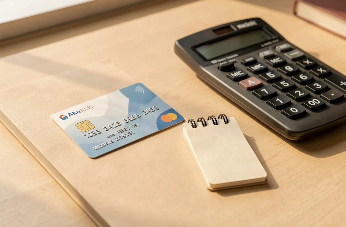 Carte bancaire, carnet et calculatrice posés sur un bureau