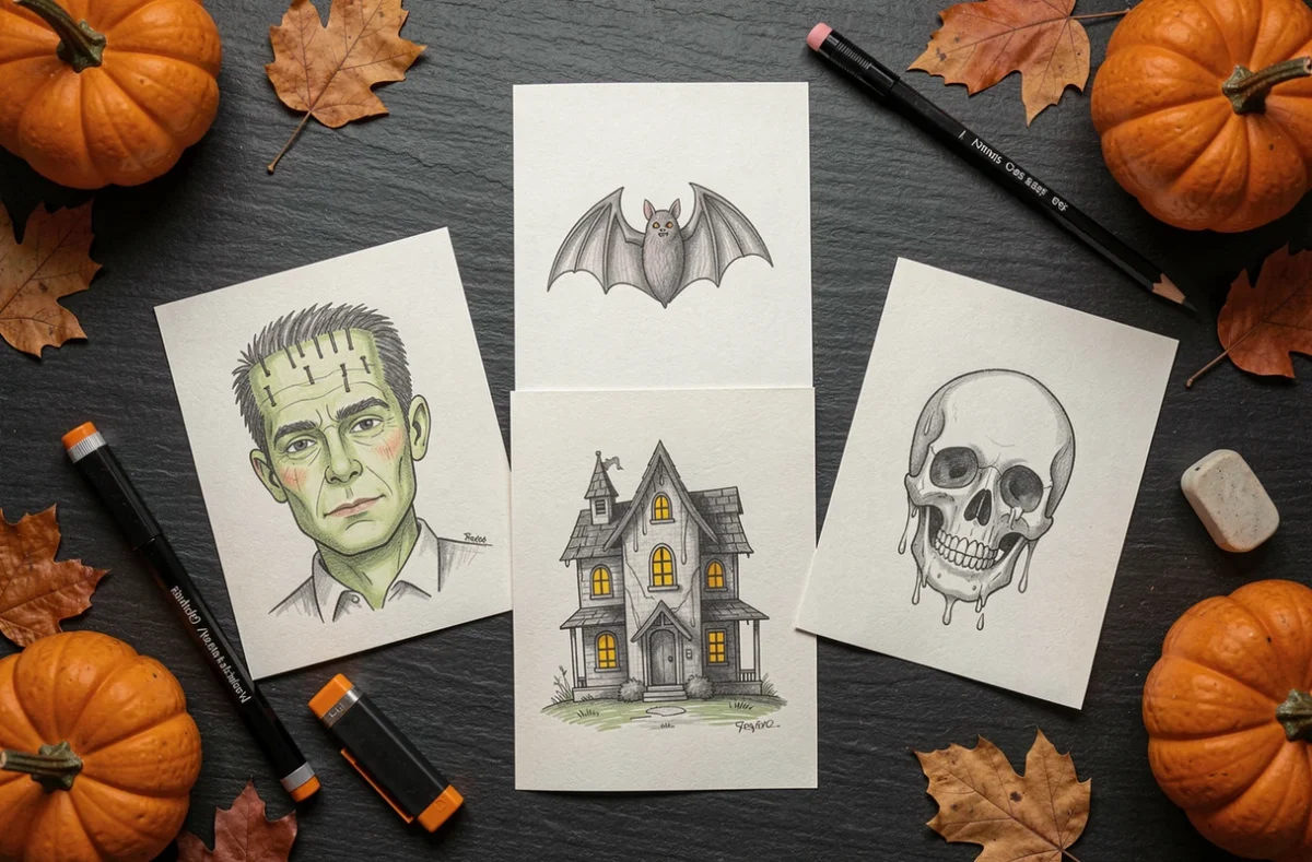 Vue de dessus de plusieurs cartes d'Halloween dessinées à la main avec des motifs effrayants comme une chauve-souris, un crâne et une maison hantée sur un fond en ardoise sombre