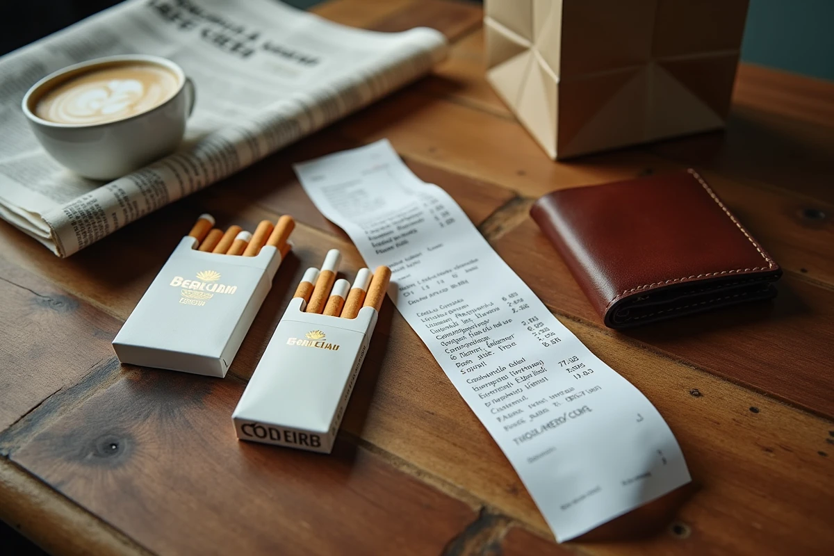 Cartouche de cigarettes belges, reçu de caisse et portefeuille posés sur une table de café lors d'un séjour shopping en Belgique