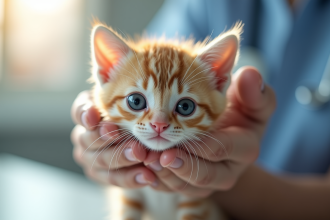 Chat nain examiné par un vétérinaire visage en gros plan